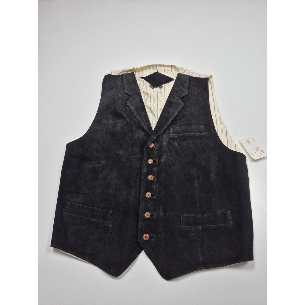 Genuine Leather Suit Vest Mens L Black Striped Lining Back Belted 3 Piece